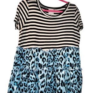 Sew In Love Black & White Striped Top with Blue Leopard Print blouse, size small